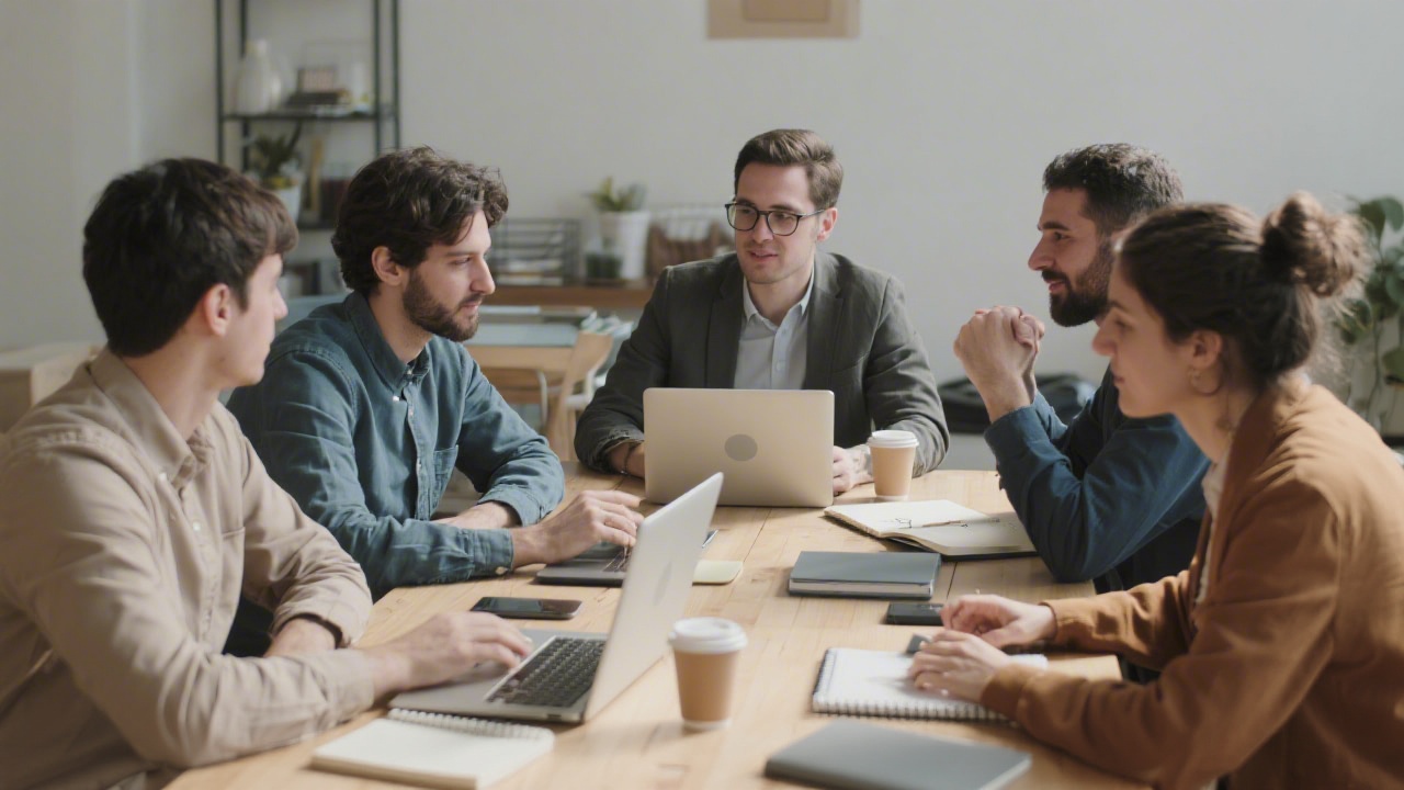 Small marketing team in Barcelona collaborating around a table with laptops, notebooks, and coffee, showing a focused and professional working environment