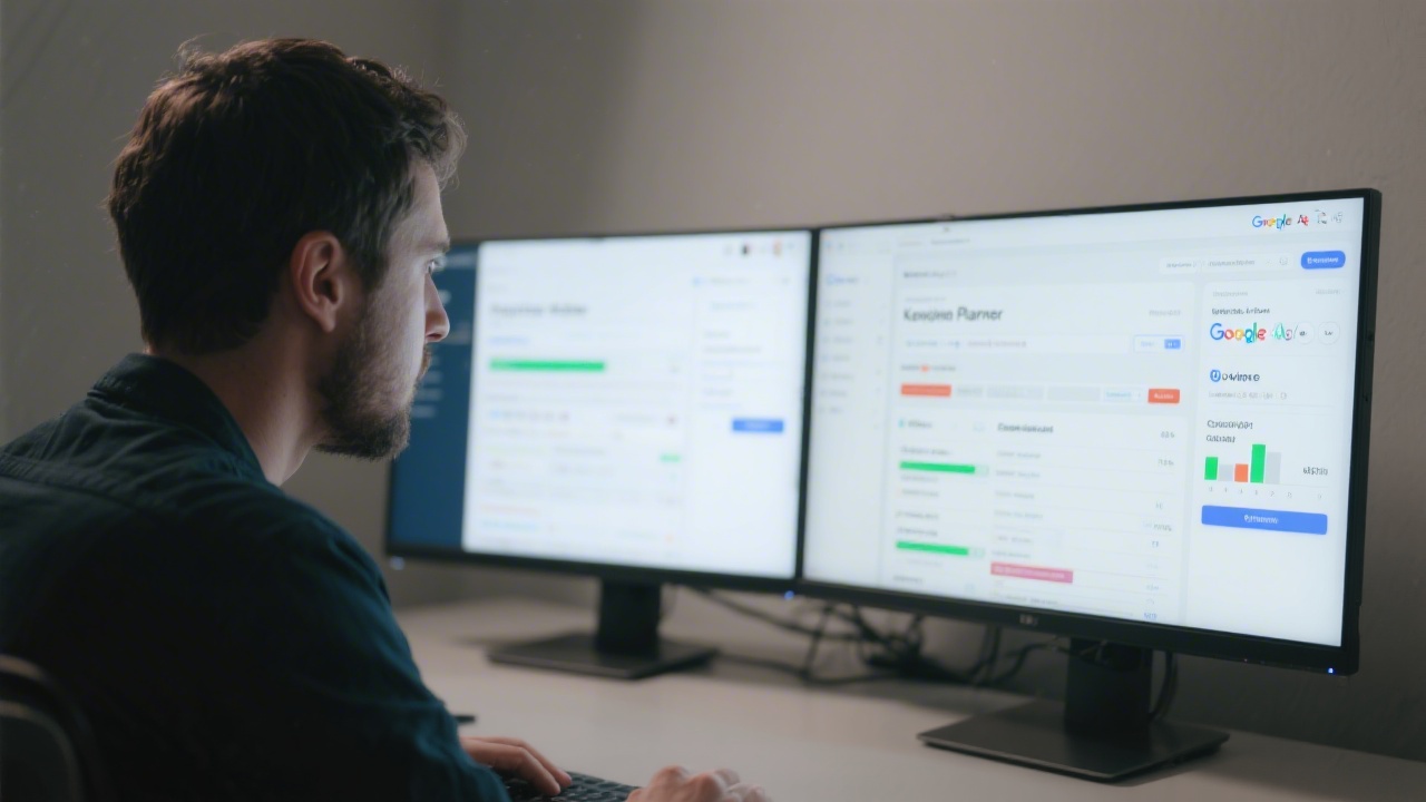 Specialist configuring Google Ads campaign on desktop, showing keyword planner, conversion settings, and budget allocation on dual monitors with neutral lighting