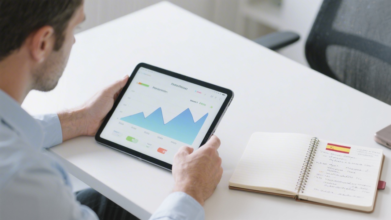 Analyst reviewing performance metrics on a tablet with charts, alongside a notebook with Spanish market notes and a clean workspace setting