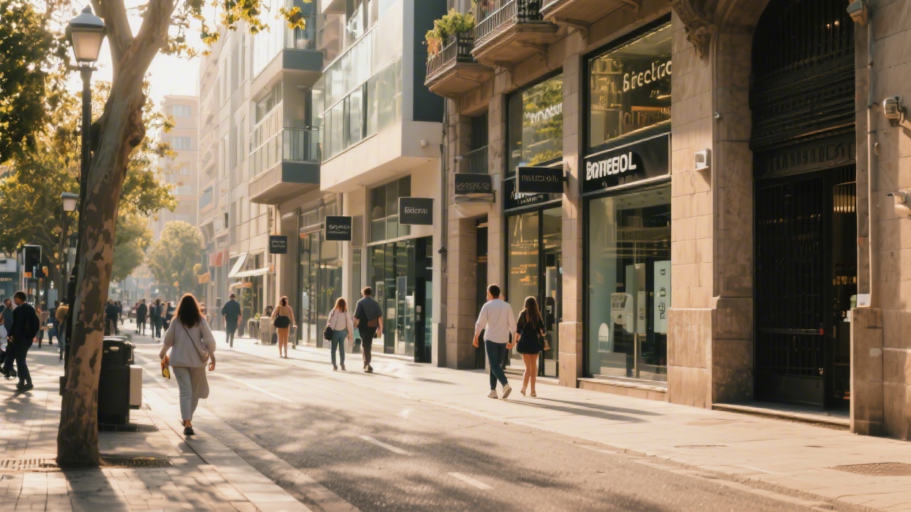 City street in Barcelona with modern storefronts, pedestrians, and warm Mediterranean light, capturing a local business environment and urban lifestyle context