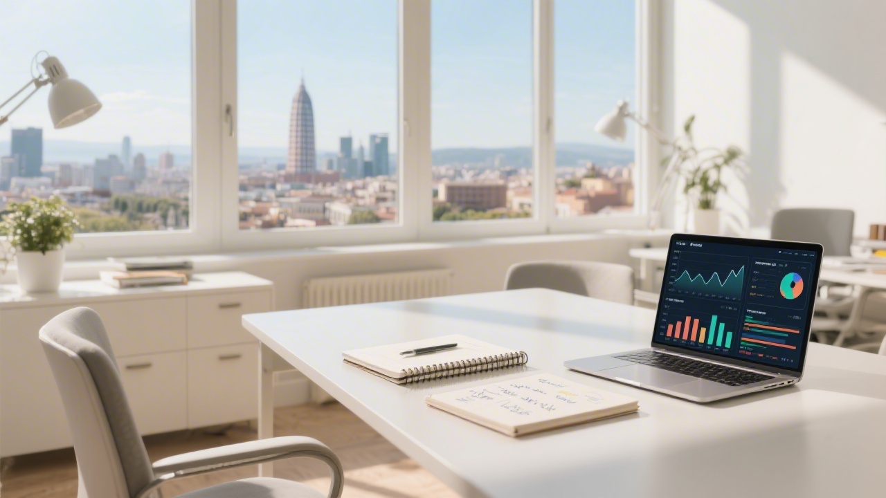 Bright modern office with Mediterranean light, laptop showing analytics dashboard, notebook with marketing notes, and Barcelona skyline visible through window creating a professional growth-focused atmosphere