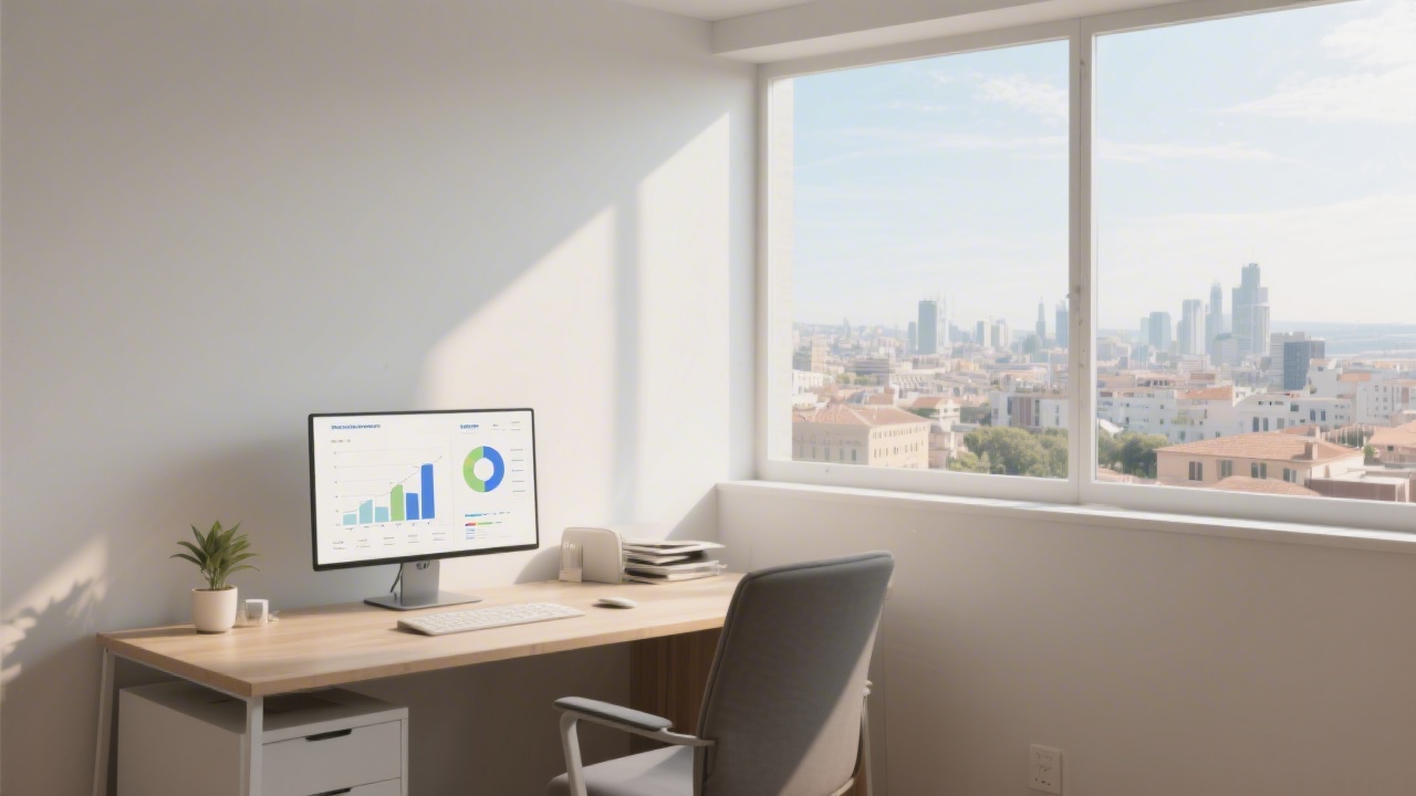Minimalist office corner with Mediterranean light, a desk with a monitor showing analytics, and a city view that suggests a calm professional atmosphere