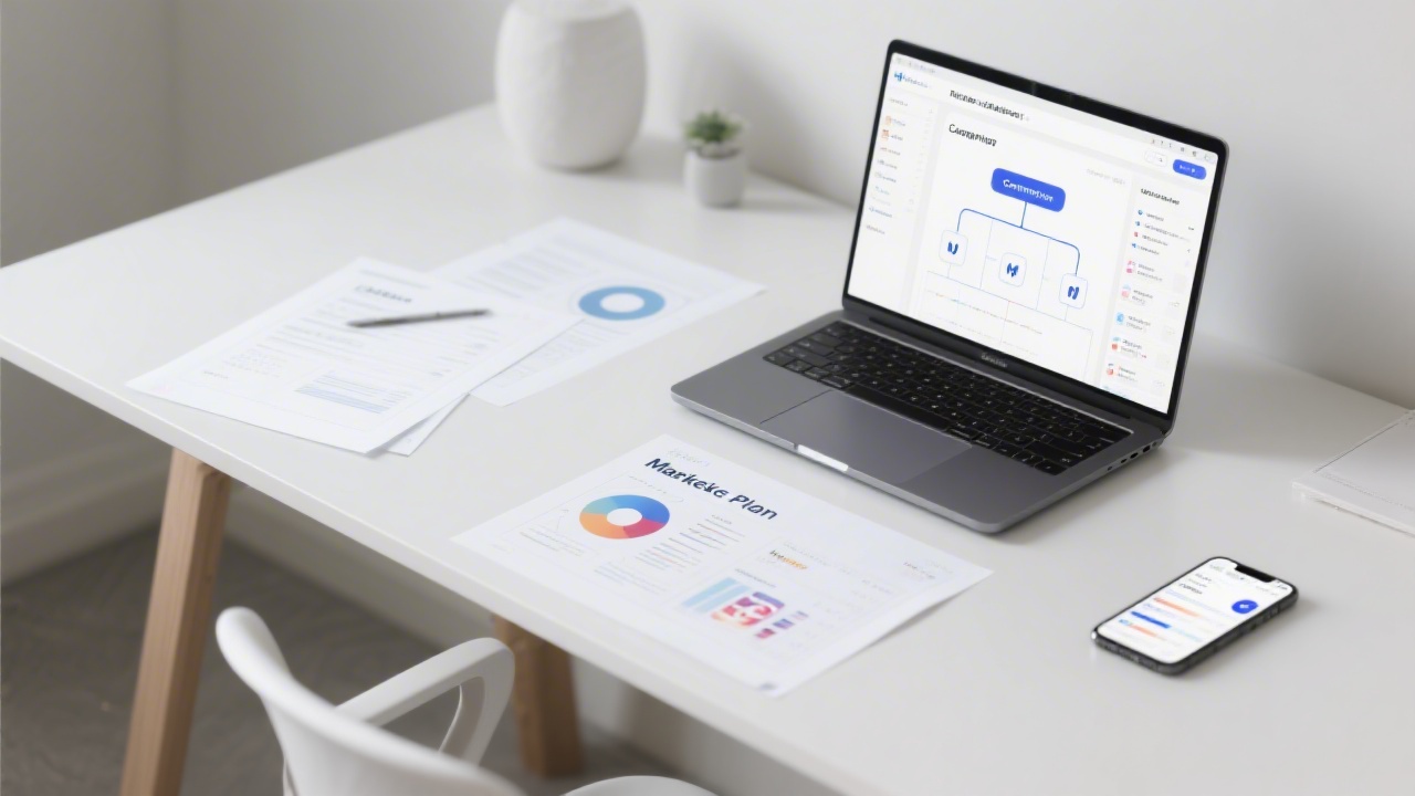 Work desk with marketing plan documents, a laptop showing campaign structure, and a phone with social media insights in a modern minimal setup