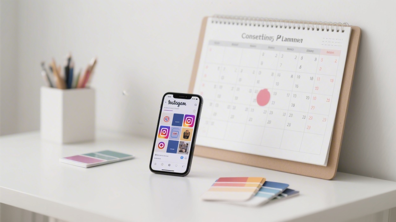 Content planner with a calendar of social media posts, mobile phone showing Instagram grid, and color palette cards in a minimalist workspace