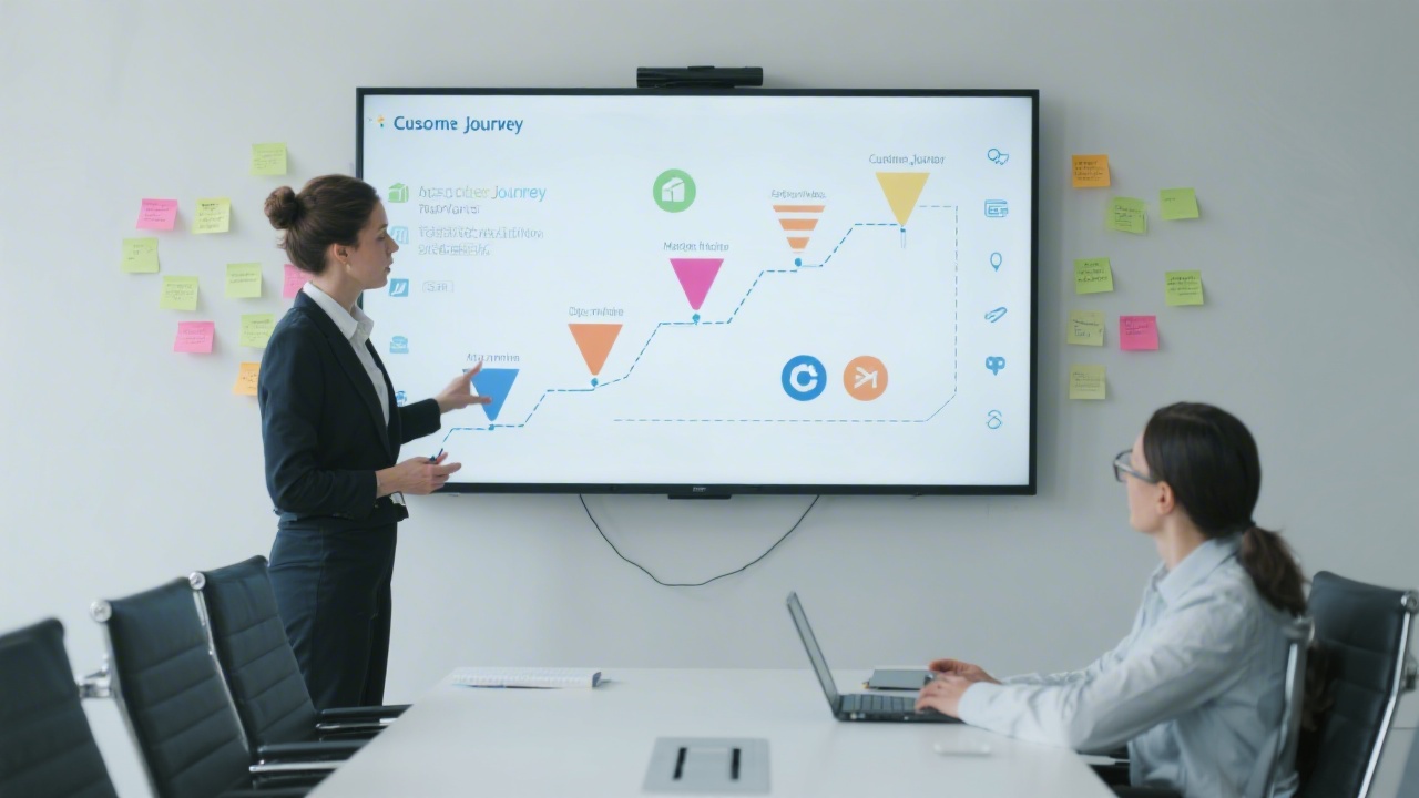 Marketing strategist reviewing customer journey map on a large screen with post-its, channel icons, and funnel stages in a clean meeting room