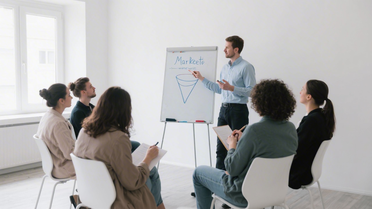 Small workshop session with a presenter explaining marketing funnel on a whiteboard, attendees taking notes in a bright modern room